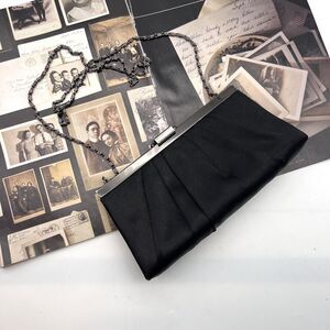 Jessica McClintock Satin Black Clutch Evening Prom Silver Chain Purse